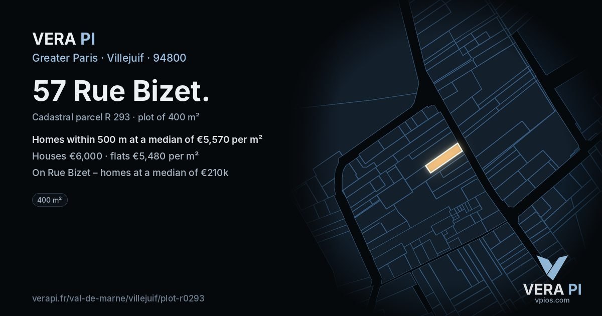 57 Rue Bizet, Villejuif at night – the plot lit, the parcels around coloured by the prices near them