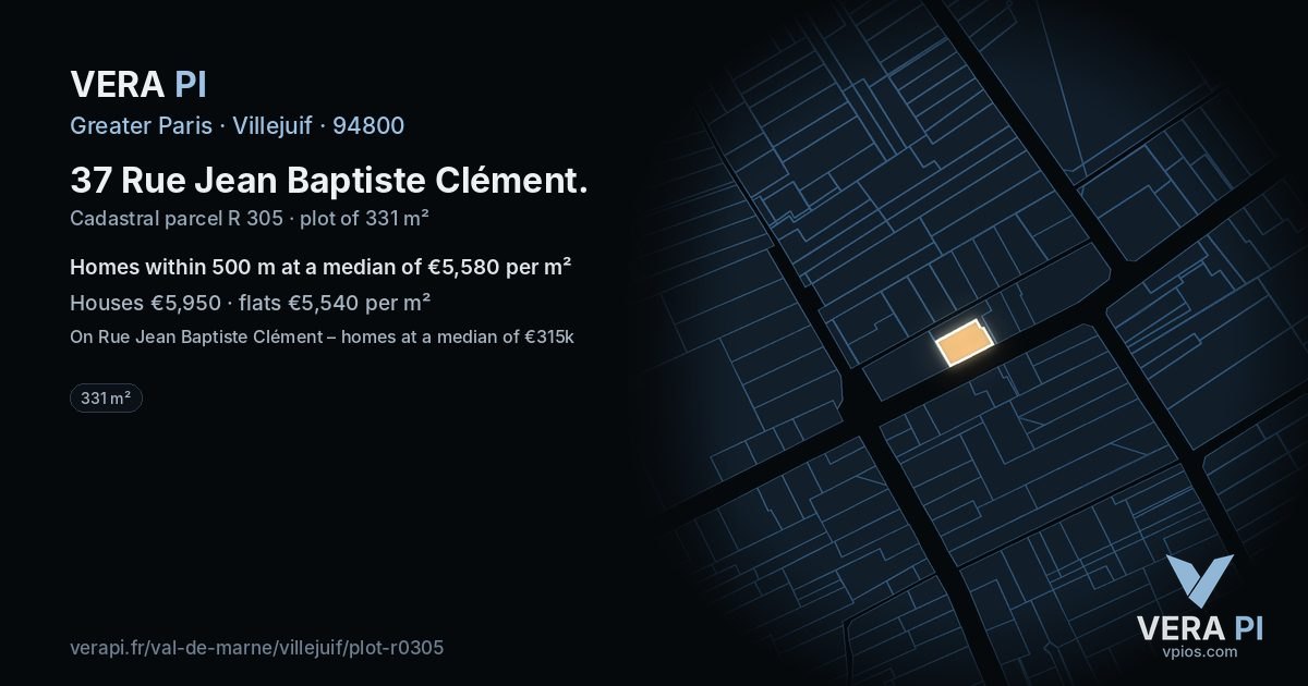 37 Rue Jean Baptiste Clément, Villejuif at night – the plot lit, the parcels around coloured by the prices near them