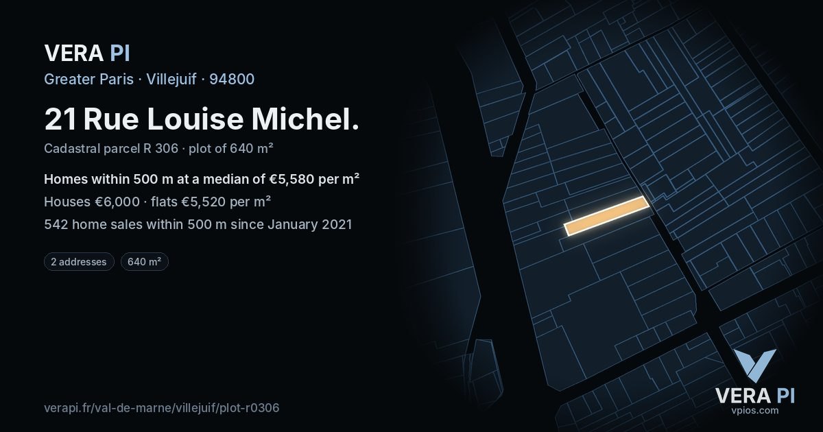 21 Rue Louise Michel, Villejuif at night – the plot lit, the parcels around coloured by the prices near them