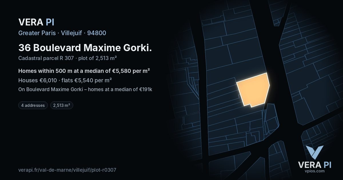36 Boulevard Maxime Gorki, Villejuif at night – the plot lit, the parcels around coloured by the prices near them