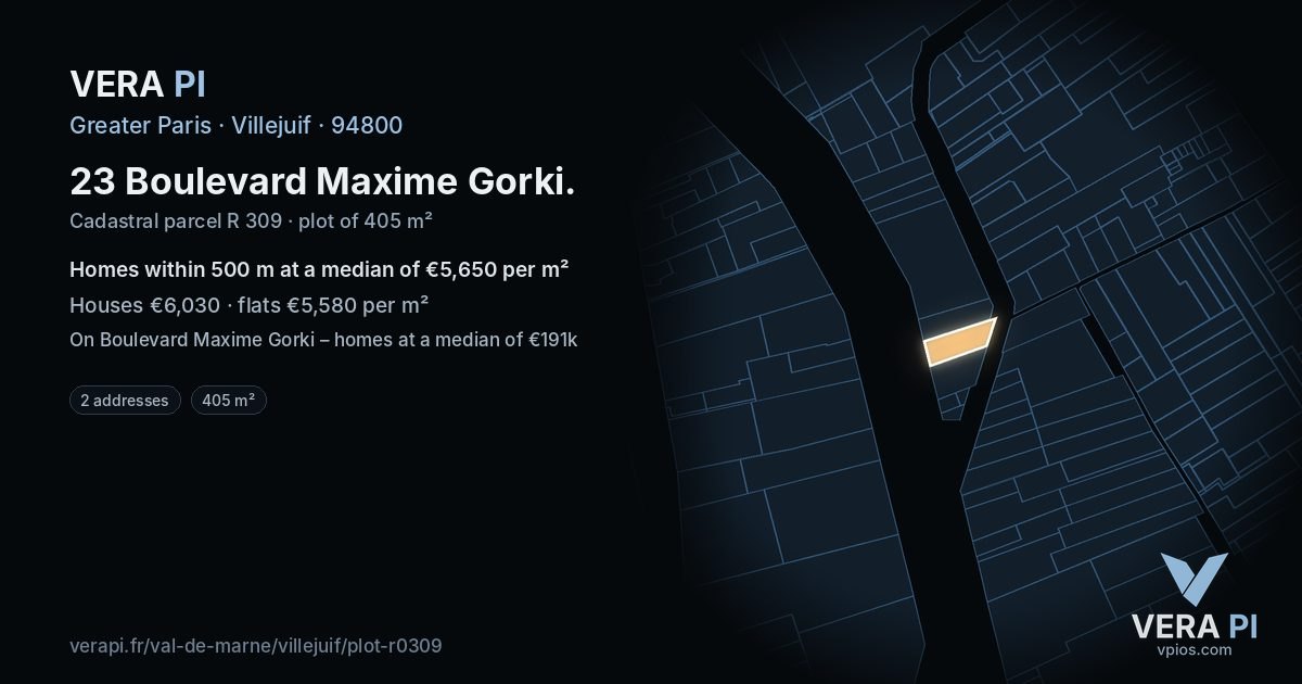 23 Boulevard Maxime Gorki, Villejuif at night – the plot lit, the parcels around coloured by the prices near them