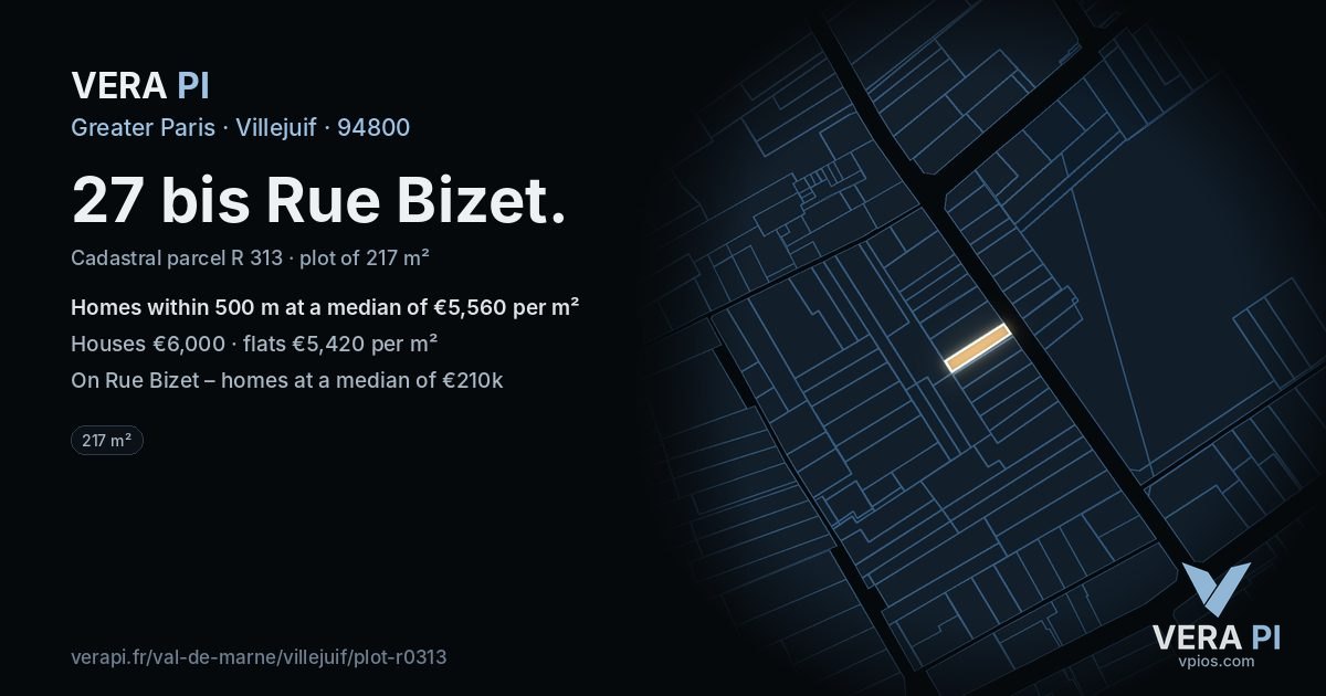 27 bis Rue Bizet, Villejuif at night – the plot lit, the parcels around coloured by the prices near them