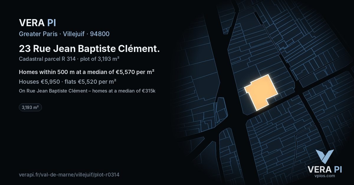 23 Rue Jean Baptiste Clément, Villejuif at night – the plot lit, the parcels around coloured by the prices near them
