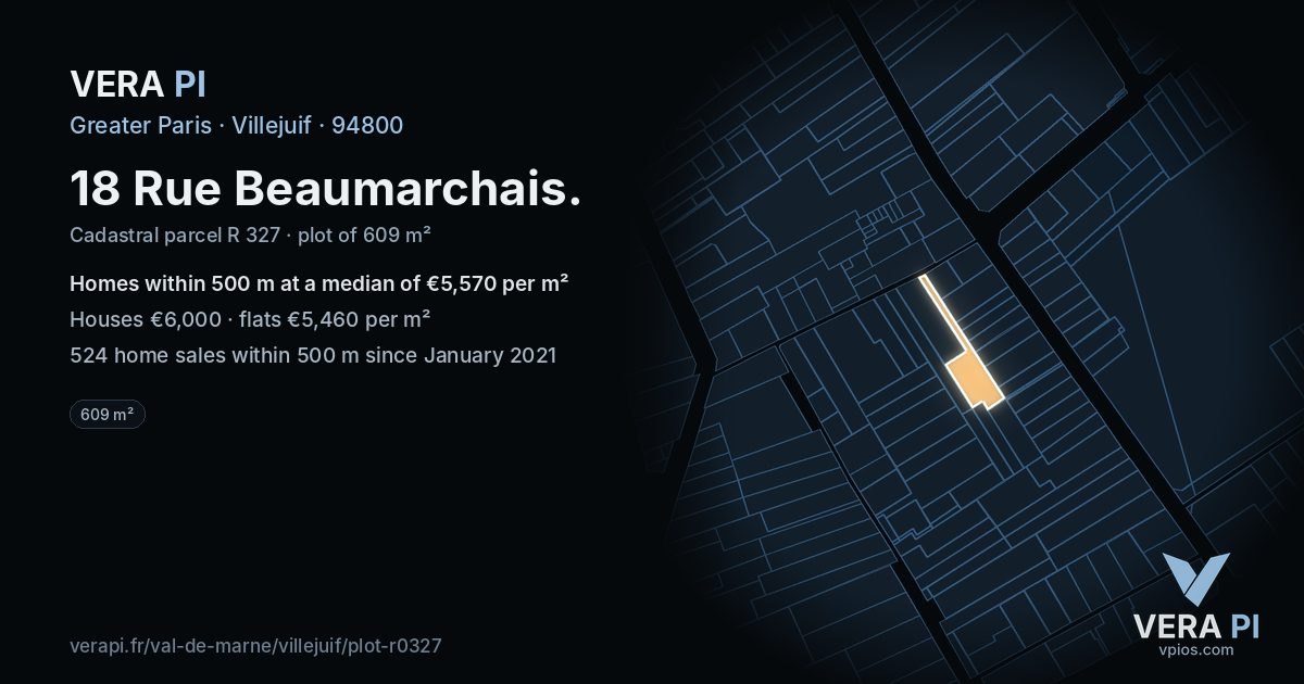 18 Rue Beaumarchais, Villejuif at night – the plot lit, the parcels around coloured by the prices near them
