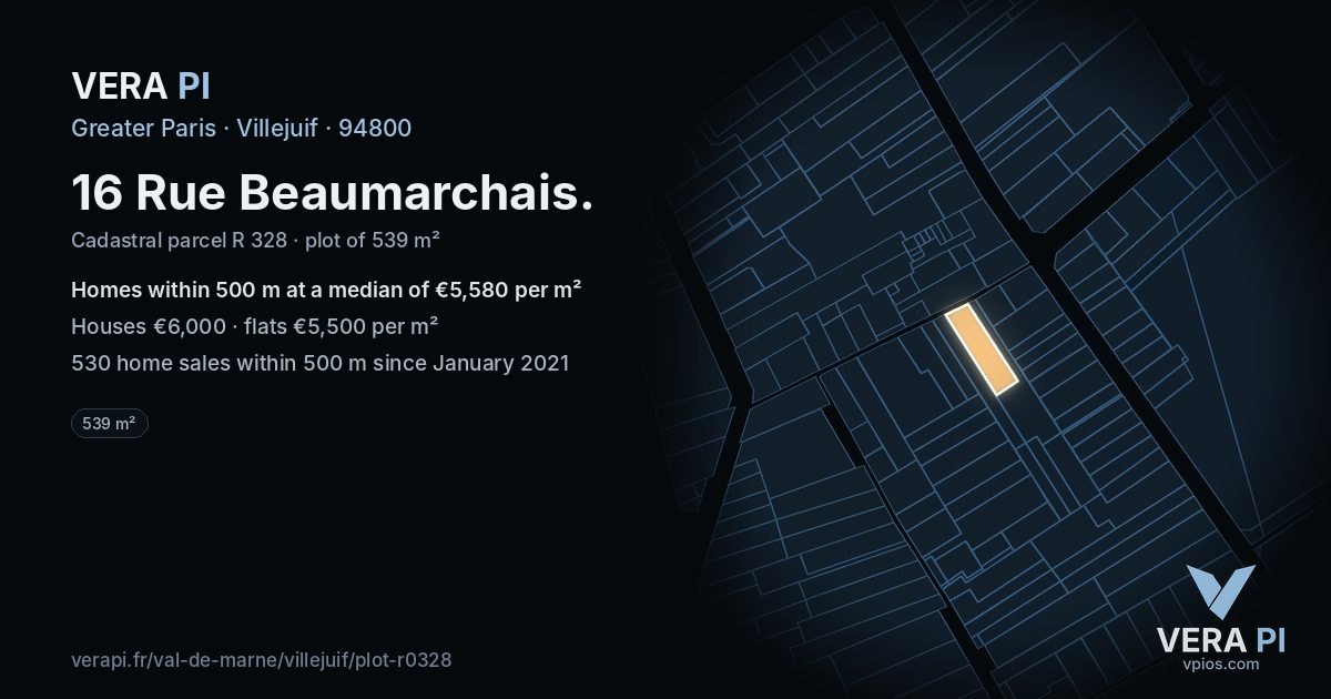 16 Rue Beaumarchais, Villejuif at night – the plot lit, the parcels around coloured by the prices near them