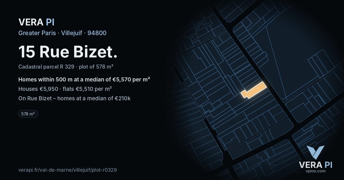 15 Rue Bizet, Villejuif at night – the plot lit, the parcels around coloured by the prices near them