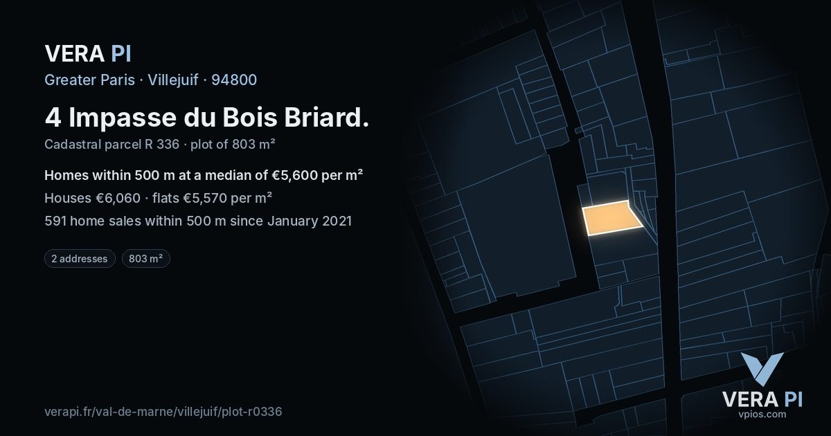 4 Impasse du Bois Briard, Villejuif at night – the plot lit, the parcels around coloured by the prices near them