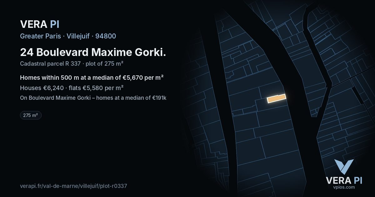 24 Boulevard Maxime Gorki, Villejuif at night – the plot lit, the parcels around coloured by the prices near them
