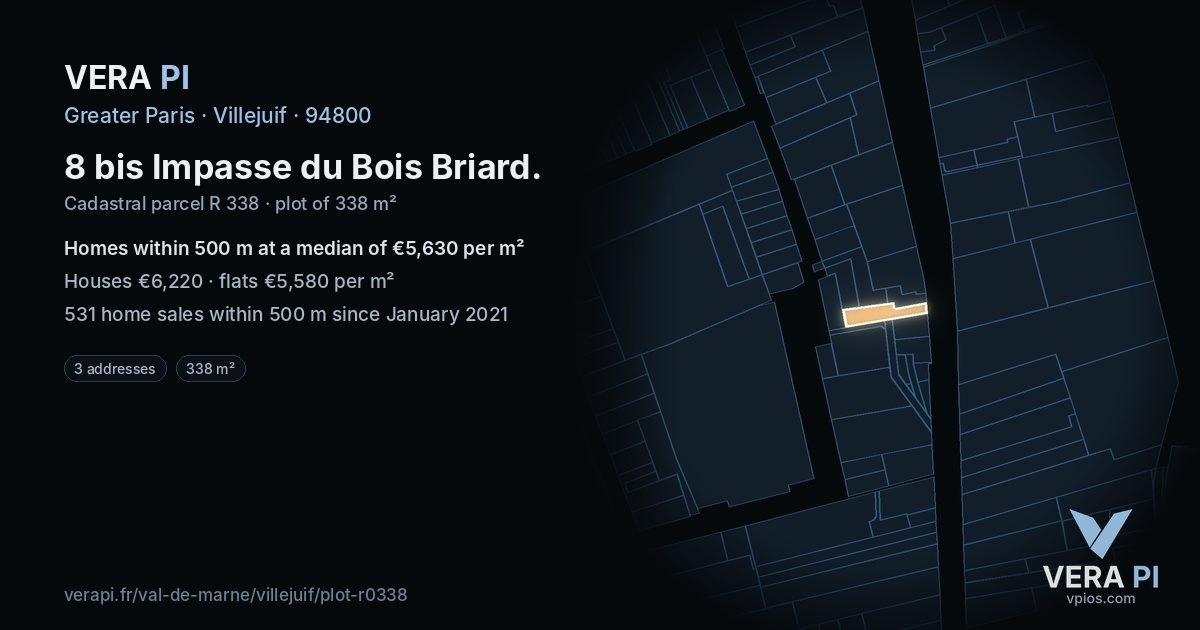 8 bis Impasse du Bois Briard, Villejuif at night – the plot lit, the parcels around coloured by the prices near them