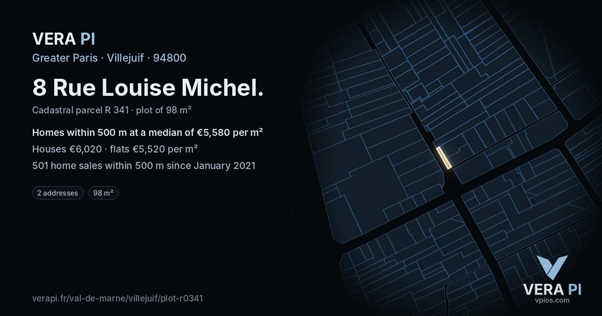 8 Rue Louise Michel, Villejuif at night – the plot lit, the parcels around coloured by the prices near them