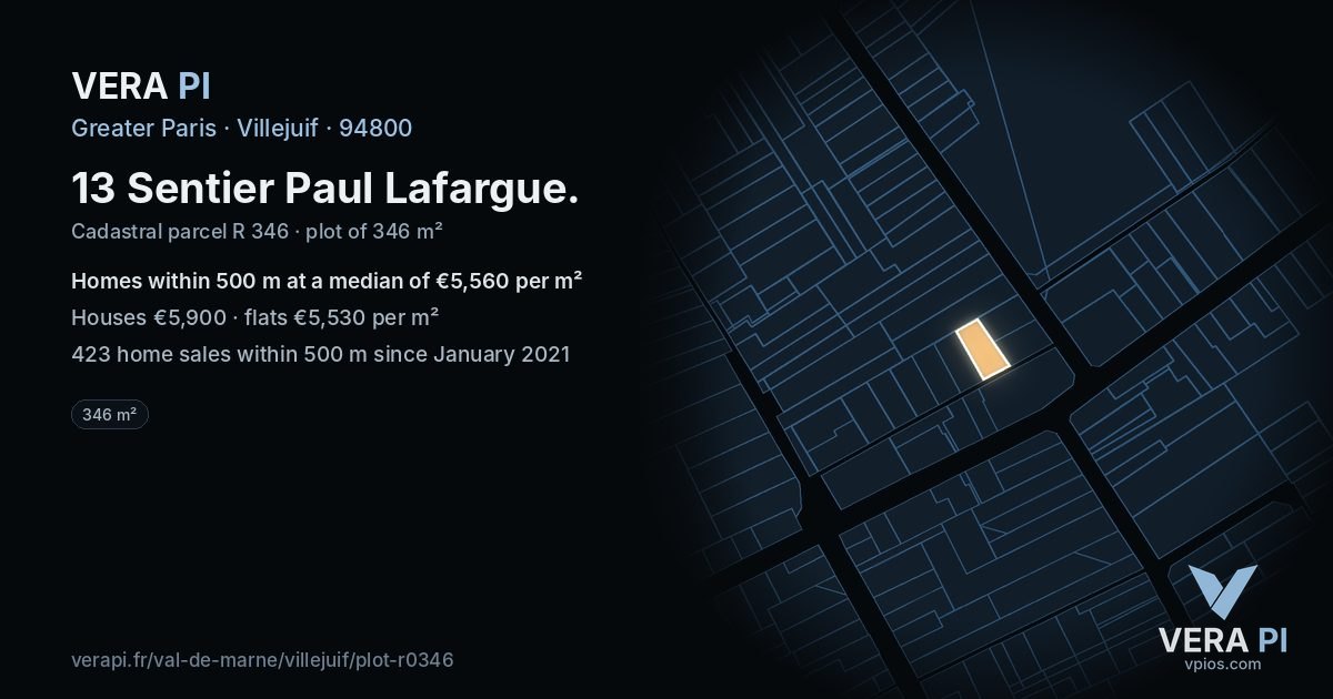 13 Sentier Paul Lafargue, Villejuif at night – the plot lit, the parcels around coloured by the prices near them
