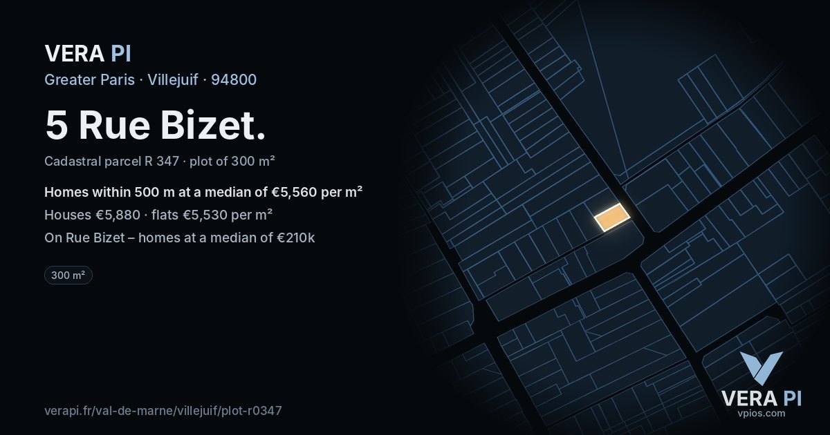 5 Rue Bizet, Villejuif at night – the plot lit, the parcels around coloured by the prices near them