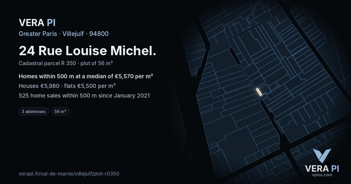 24 Rue Louise Michel, Villejuif at night – the plot lit, the parcels around coloured by the prices near them