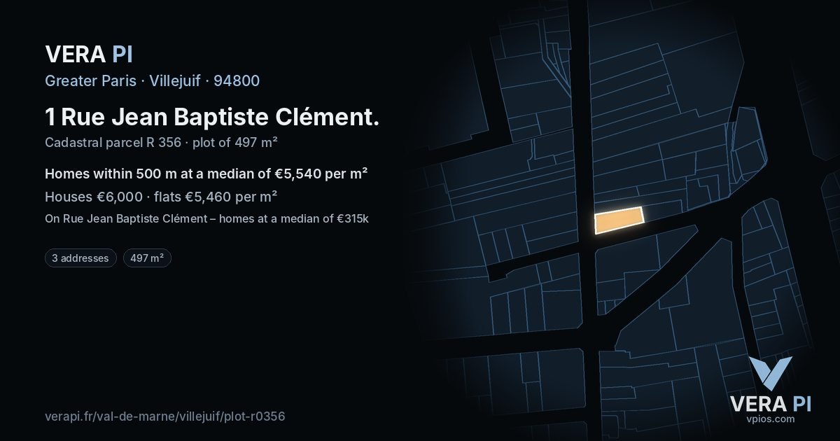 1 Rue Jean Baptiste Clément, Villejuif at night – the plot lit, the parcels around coloured by the prices near them