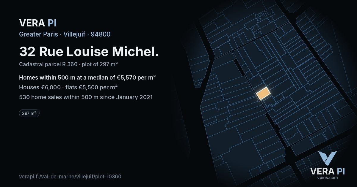 32 Rue Louise Michel, Villejuif at night – the plot lit, the parcels around coloured by the prices near them