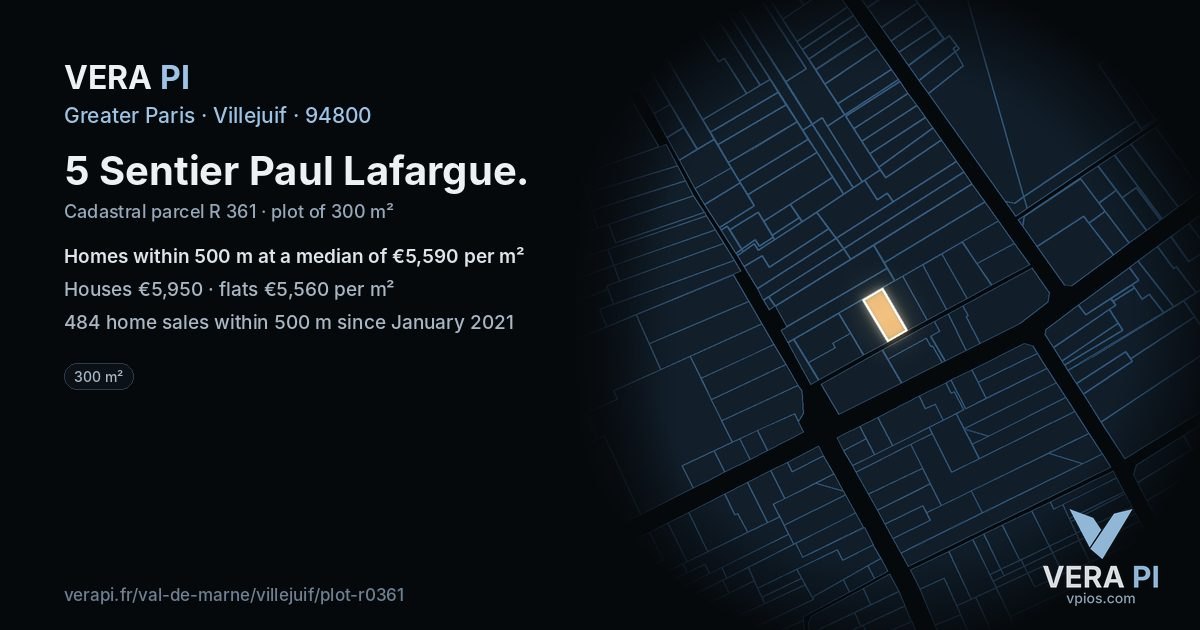 5 Sentier Paul Lafargue, Villejuif at night – the plot lit, the parcels around coloured by the prices near them