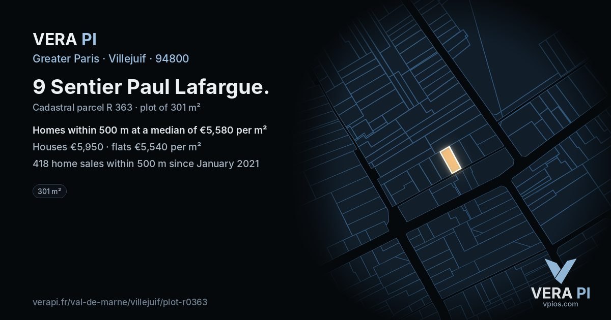 9 Sentier Paul Lafargue, Villejuif at night – the plot lit, the parcels around coloured by the prices near them