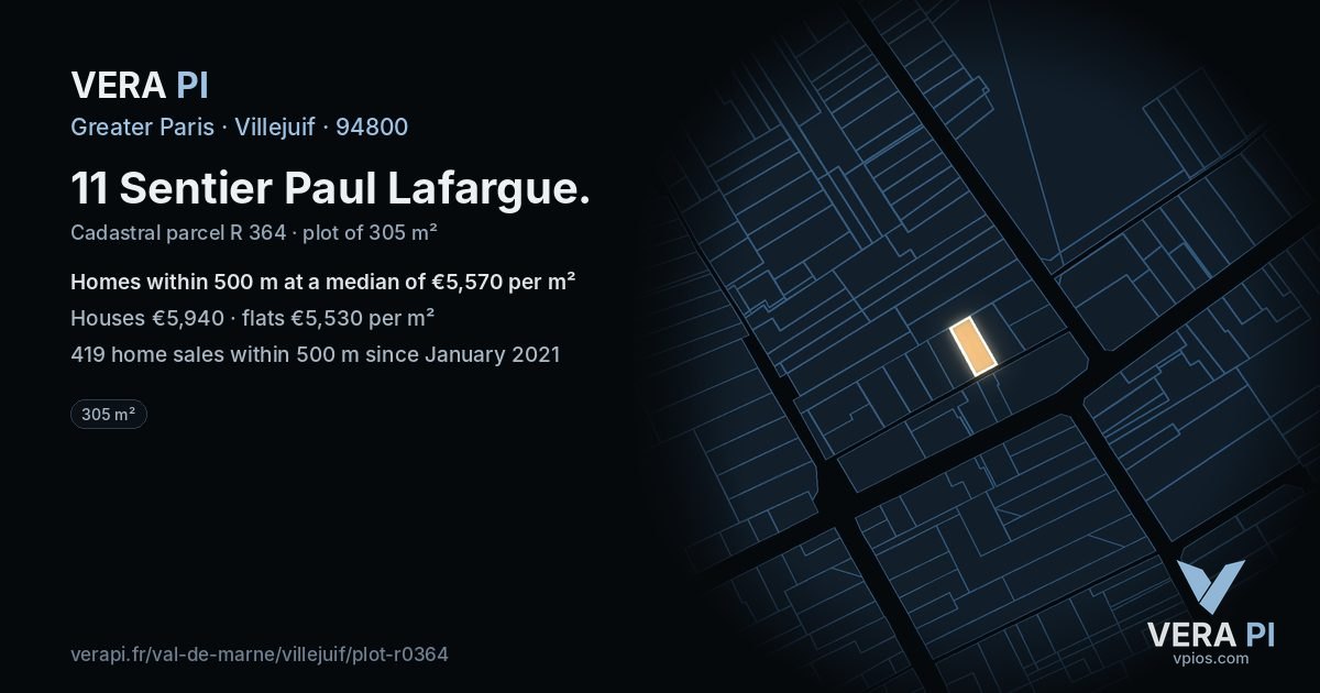 11 Sentier Paul Lafargue, Villejuif at night – the plot lit, the parcels around coloured by the prices near them