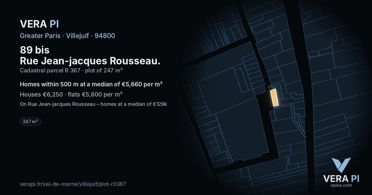 89 bis Rue Jean-jacques Rousseau, Villejuif at night – the plot lit, the parcels around coloured by the prices near them