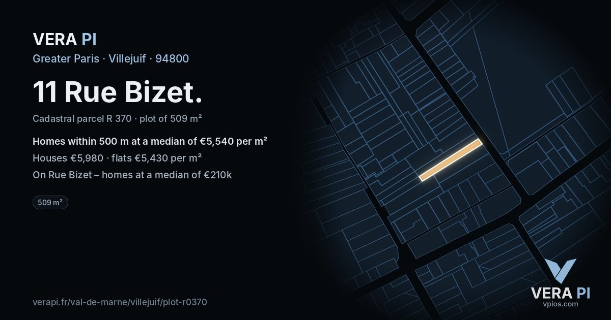 11 Rue Bizet, Villejuif at night – the plot lit, the parcels around coloured by the prices near them