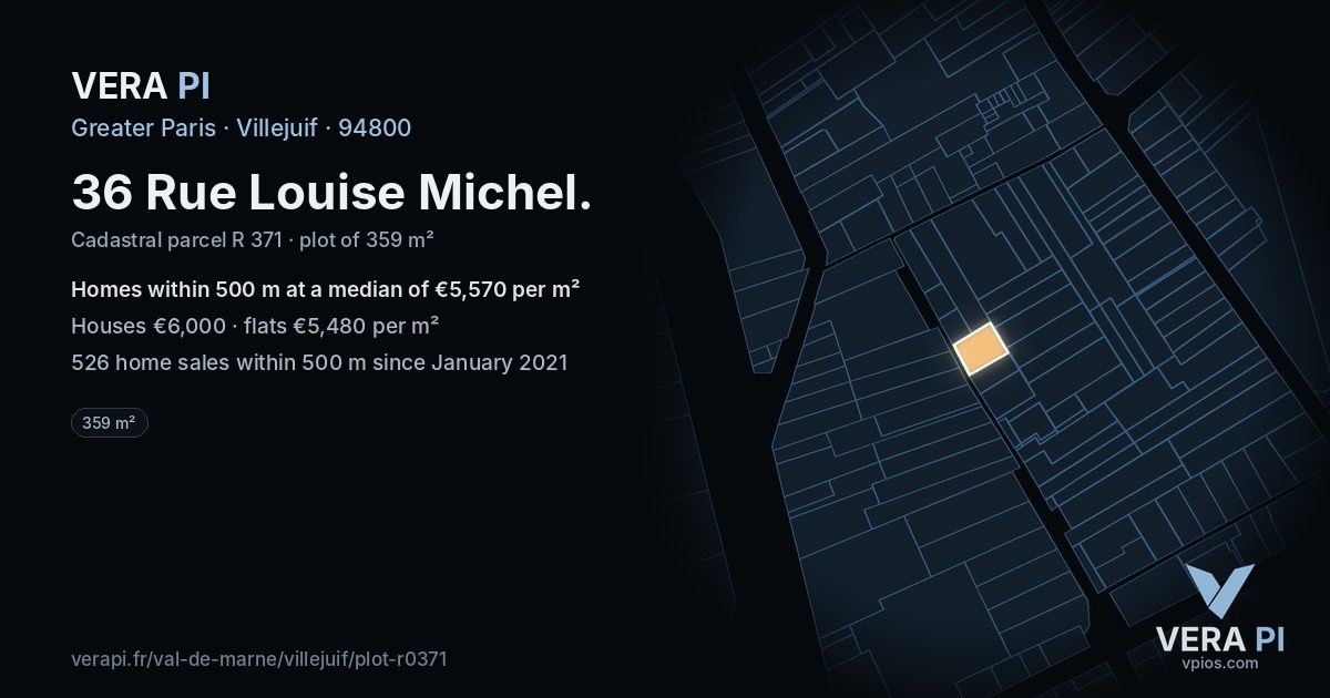 36 Rue Louise Michel, Villejuif at night – the plot lit, the parcels around coloured by the prices near them