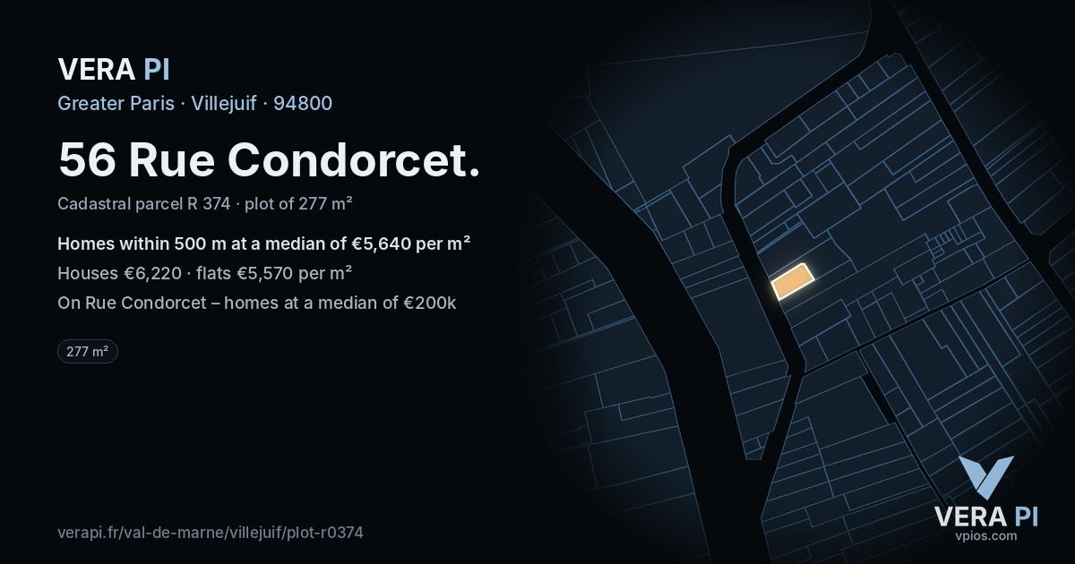 56 Rue Condorcet, Villejuif at night – the plot lit, the parcels around coloured by the prices near them
