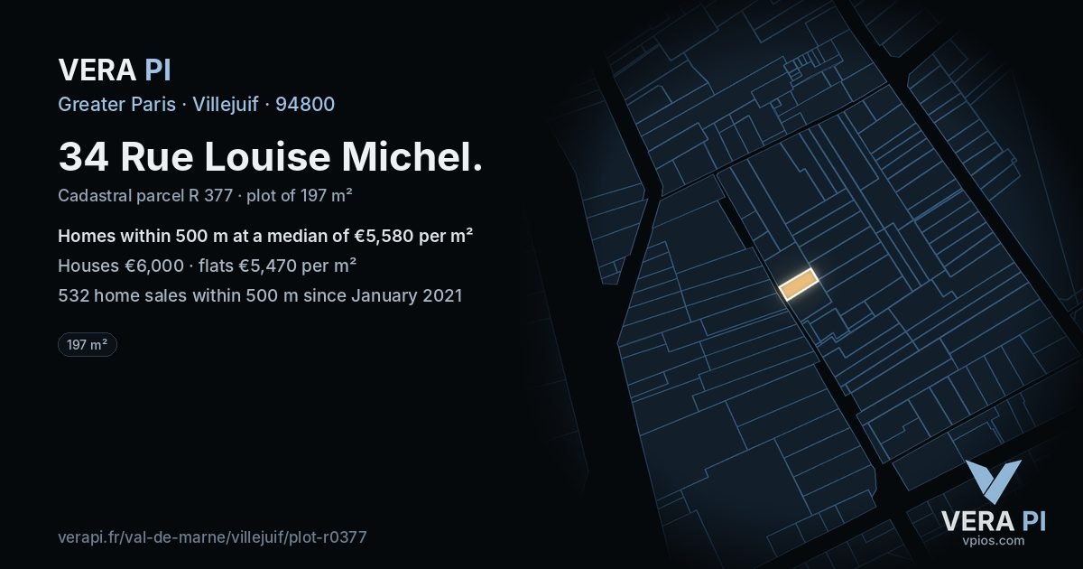 34 Rue Louise Michel, Villejuif at night – the plot lit, the parcels around coloured by the prices near them
