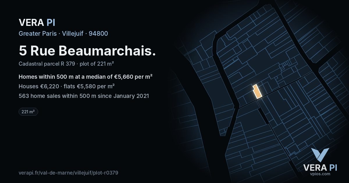 5 Rue Beaumarchais, Villejuif at night – the plot lit, the parcels around coloured by the prices near them