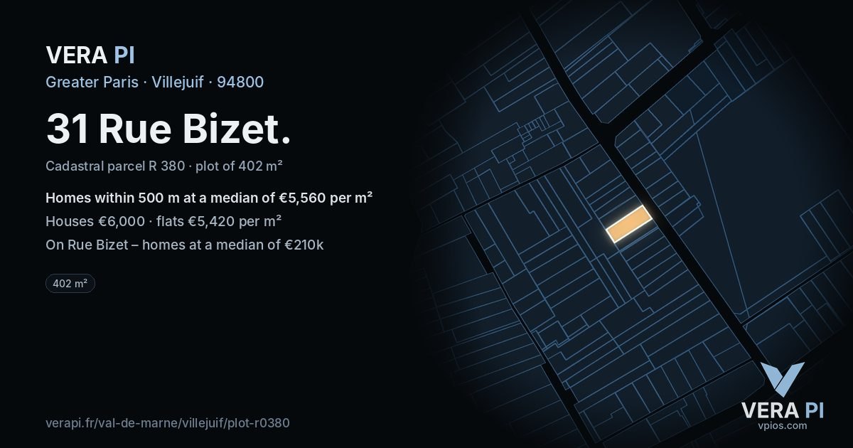 31 Rue Bizet, Villejuif at night – the plot lit, the parcels around coloured by the prices near them