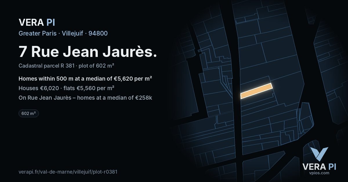 7 Rue Jean Jaurès, Villejuif at night – the plot lit, the parcels around coloured by the prices near them