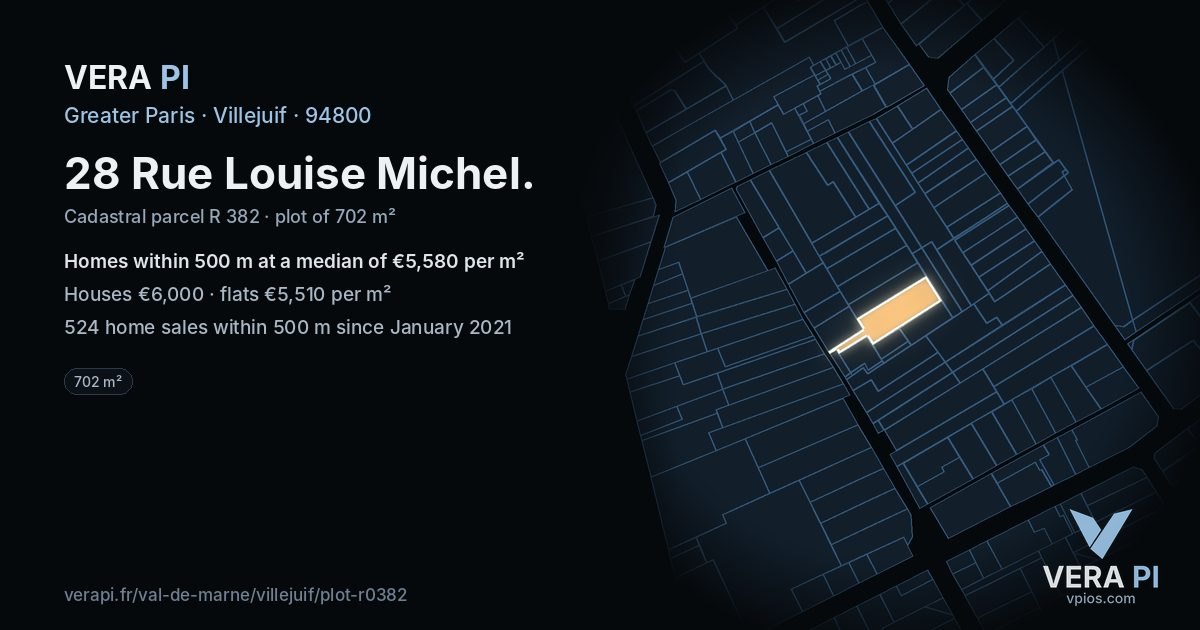 28 Rue Louise Michel, Villejuif at night – the plot lit, the parcels around coloured by the prices near them