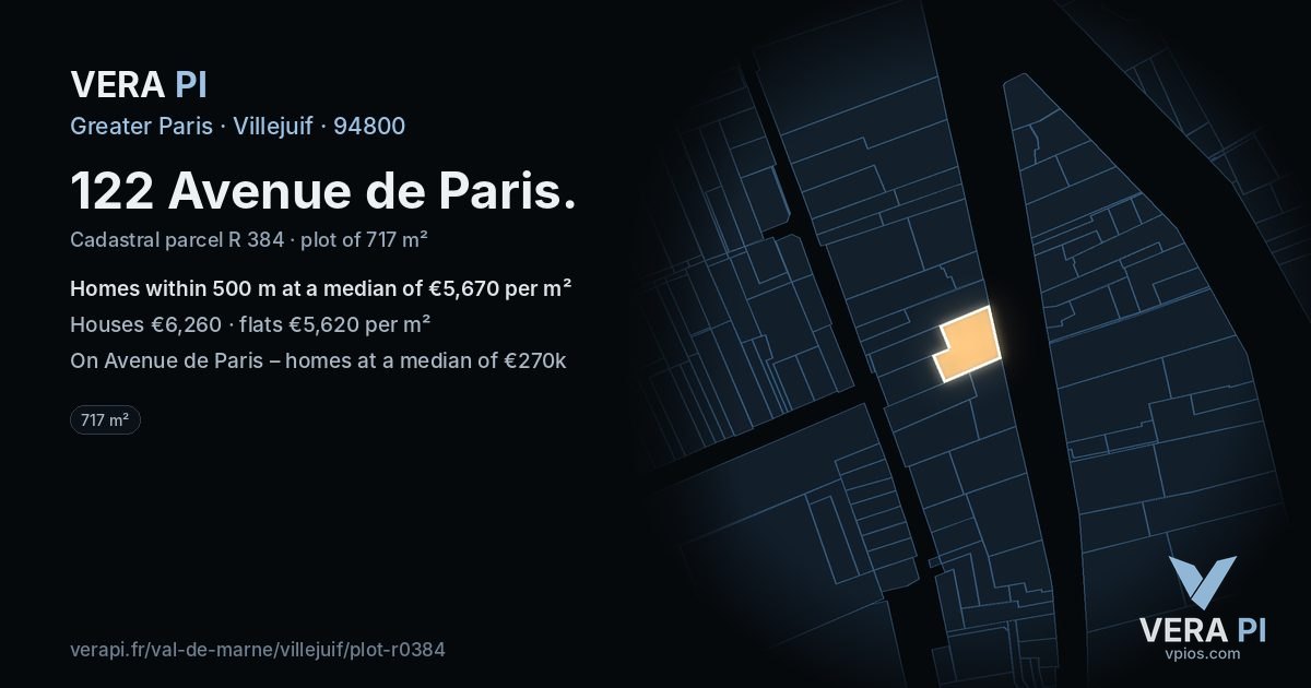122 Avenue de Paris, Villejuif at night – the plot lit, the parcels around coloured by the prices near them