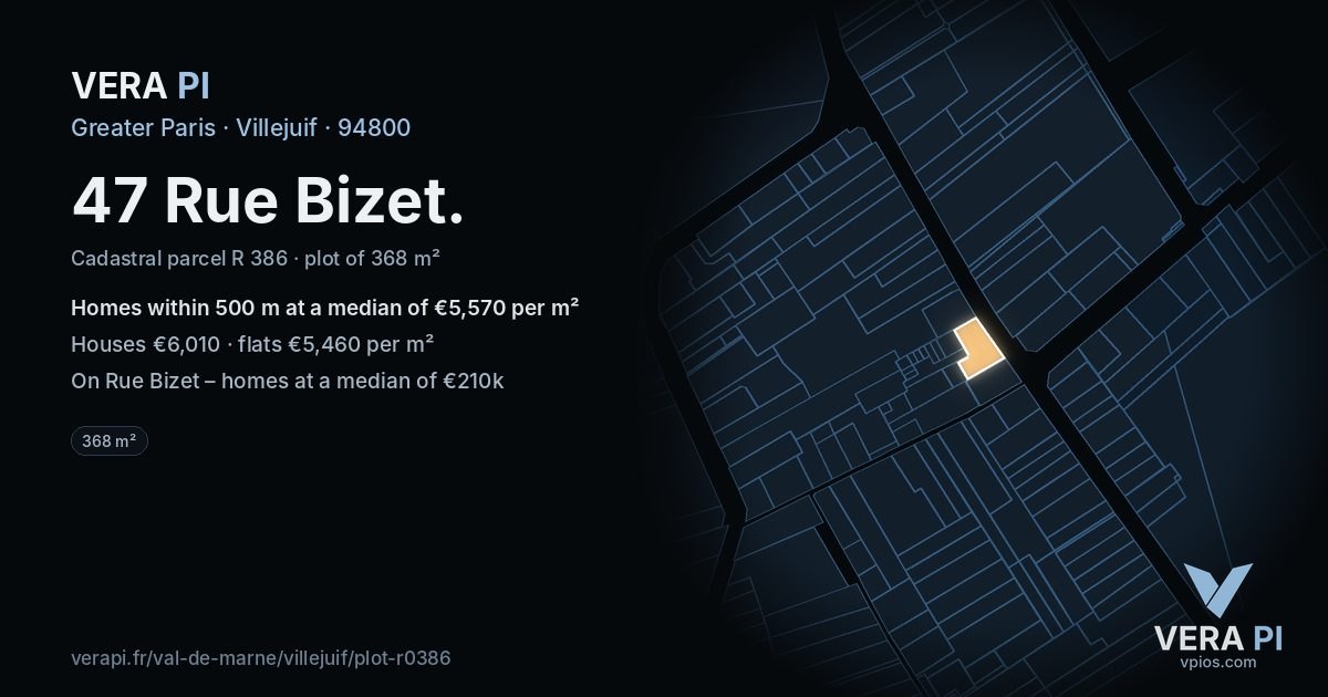47 Rue Bizet, Villejuif at night – the plot lit, the parcels around coloured by the prices near them