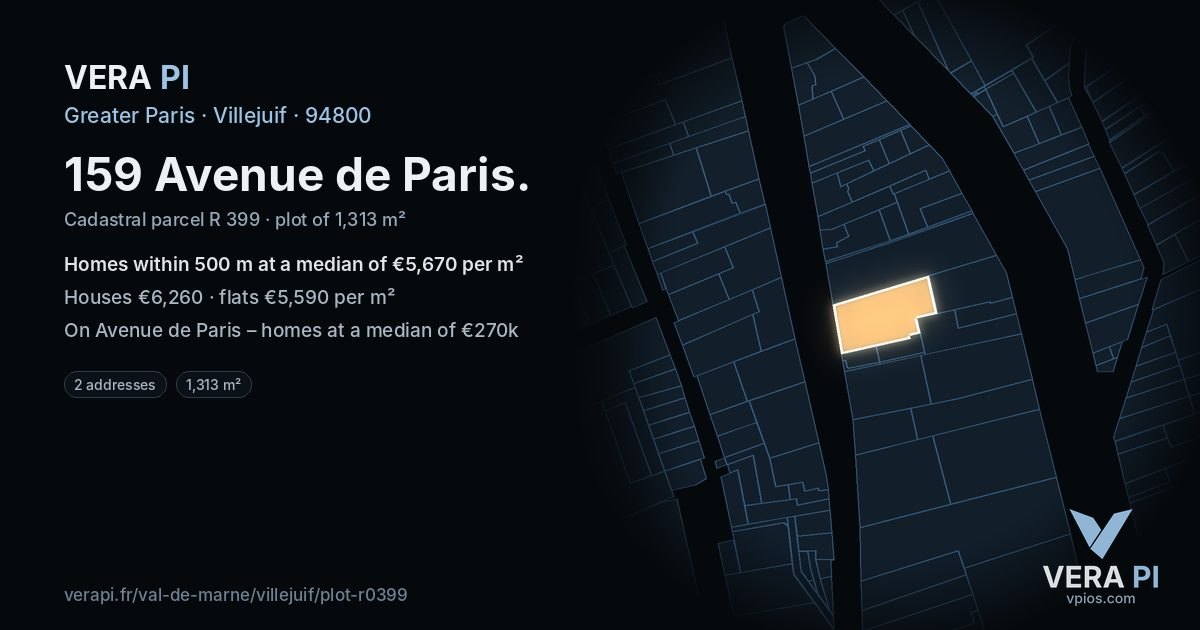 159 Avenue de Paris, Villejuif at night – the plot lit, the parcels around coloured by the prices near them