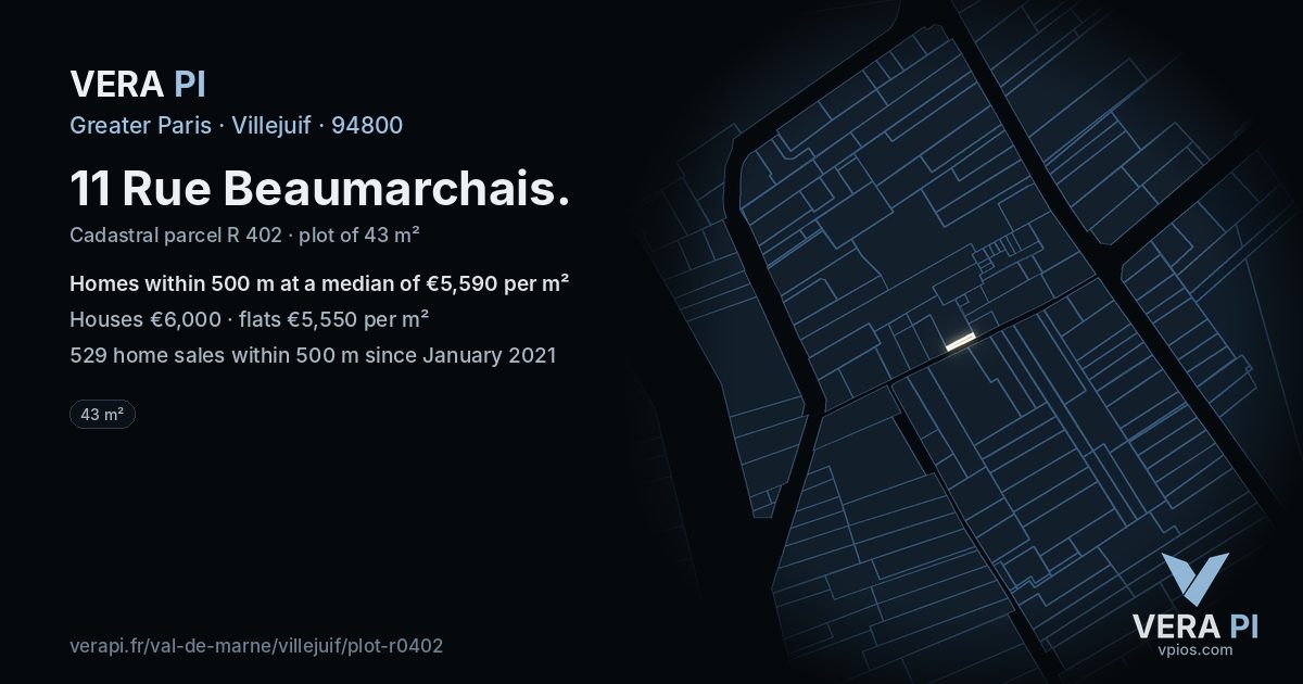 11 Rue Beaumarchais, Villejuif at night – the plot lit, the parcels around coloured by the prices near them