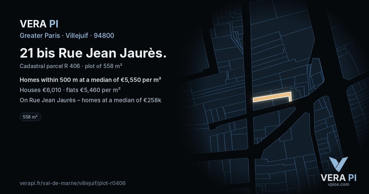 21 bis Rue Jean Jaurès, Villejuif at night – the plot lit, the parcels around coloured by the prices near them