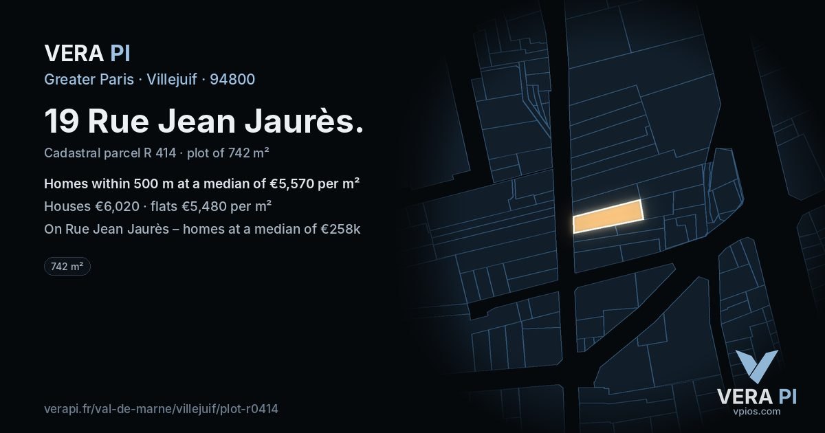 19 Rue Jean Jaurès, Villejuif at night – the plot lit, the parcels around coloured by the prices near them