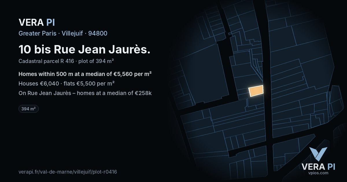 10 bis Rue Jean Jaurès, Villejuif at night – the plot lit, the parcels around coloured by the prices near them