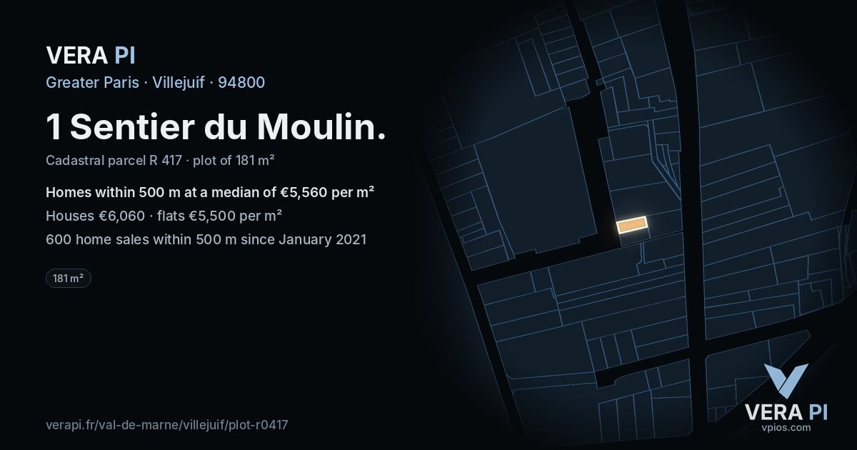 1 Sentier du Moulin, Villejuif at night – the plot lit, the parcels around coloured by the prices near them
