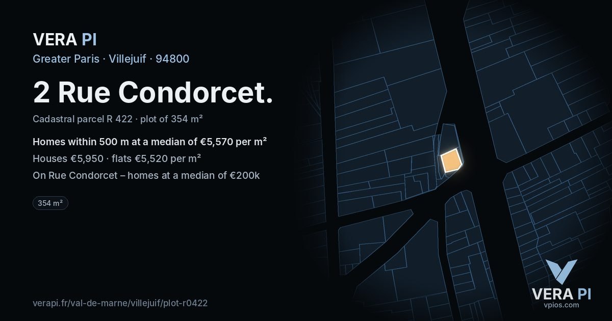 2 Rue Condorcet, Villejuif at night – the plot lit, the parcels around coloured by the prices near them