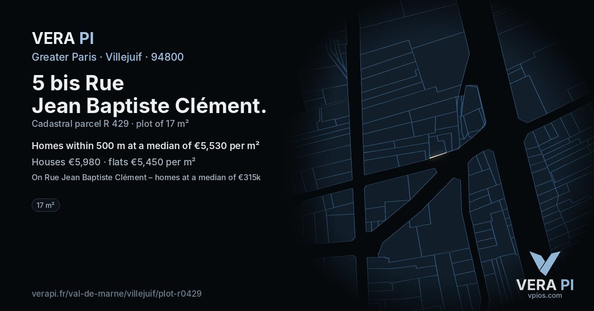 5 bis Rue Jean Baptiste Clément, Villejuif at night – the plot lit, the parcels around coloured by the prices near them