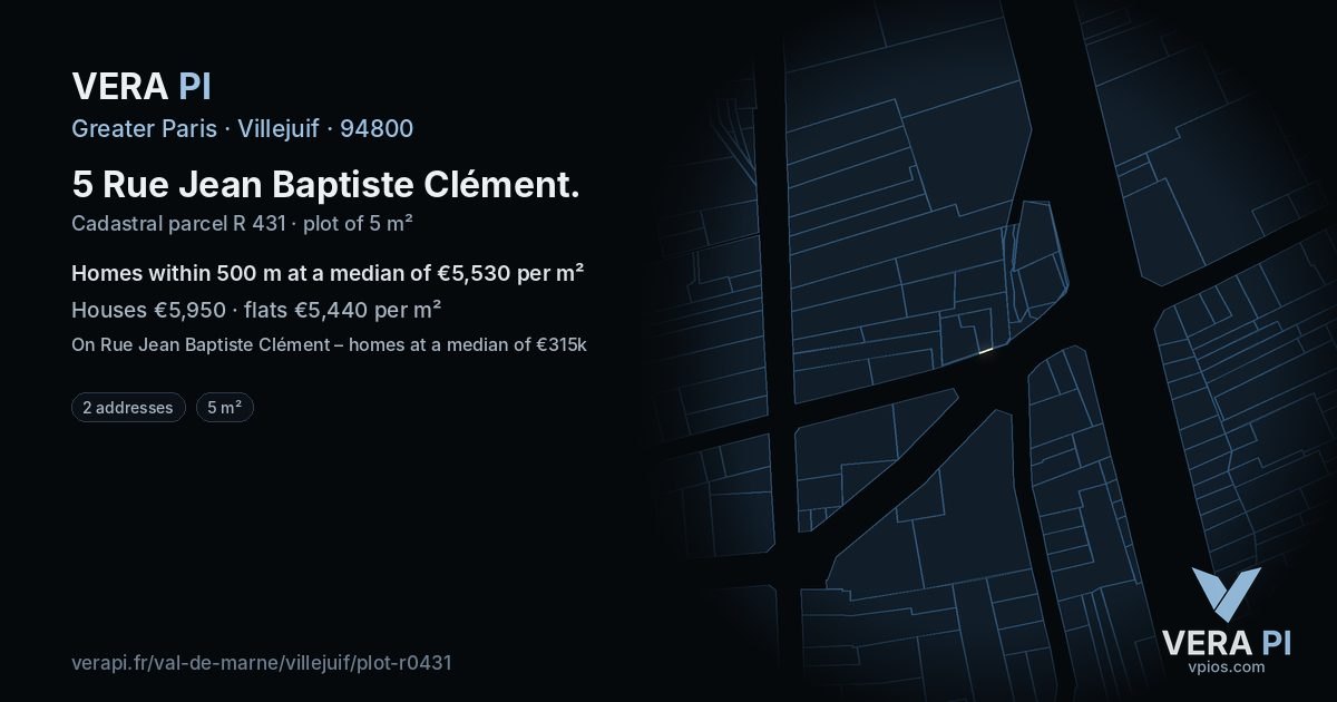 5 Rue Jean Baptiste Clément, Villejuif at night – the plot lit, the parcels around coloured by the prices near them