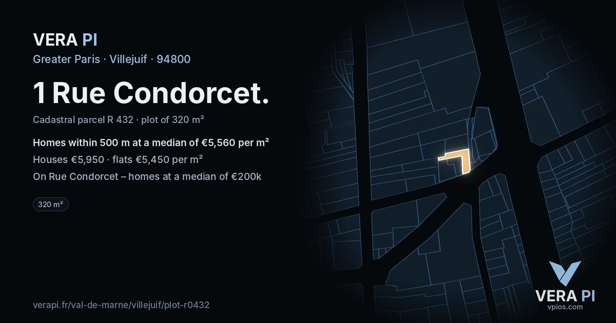 1 Rue Condorcet, Villejuif at night – the plot lit, the parcels around coloured by the prices near them