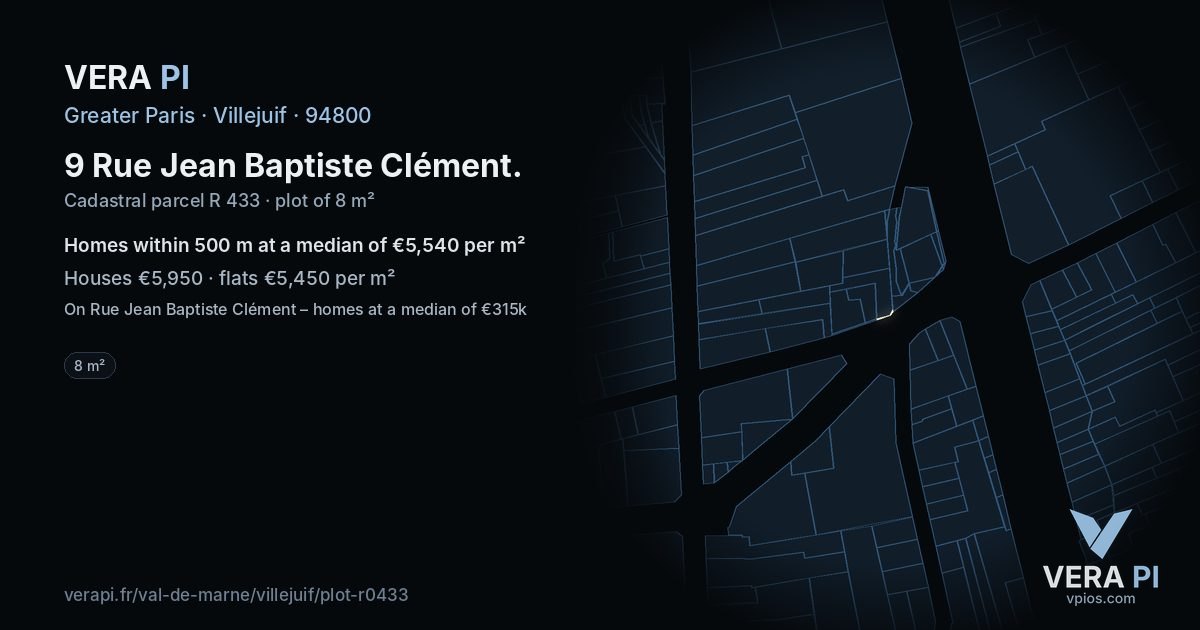 9 Rue Jean Baptiste Clément, Villejuif at night – the plot lit, the parcels around coloured by the prices near them
