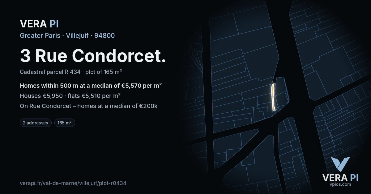3 Rue Condorcet, Villejuif at night – the plot lit, the parcels around coloured by the prices near them