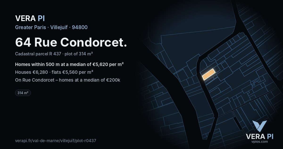 64 Rue Condorcet, Villejuif at night – the plot lit, the parcels around coloured by the prices near them