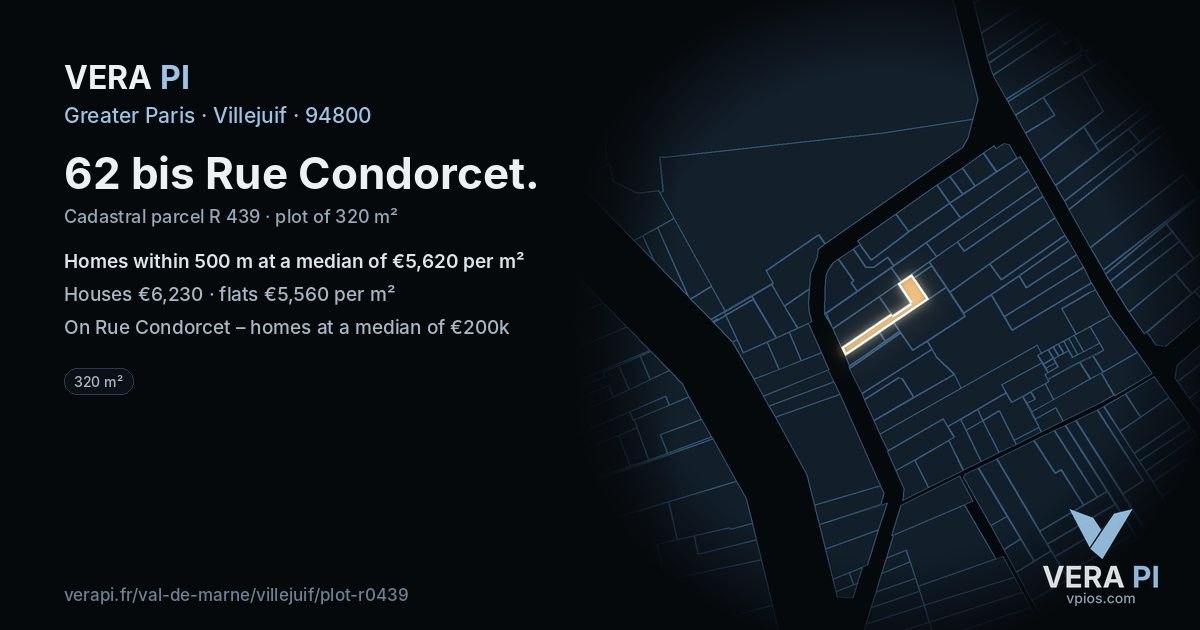 62 bis Rue Condorcet, Villejuif at night – the plot lit, the parcels around coloured by the prices near them