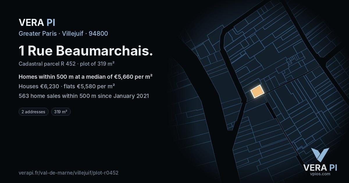 1 Rue Beaumarchais, Villejuif at night – the plot lit, the parcels around coloured by the prices near them