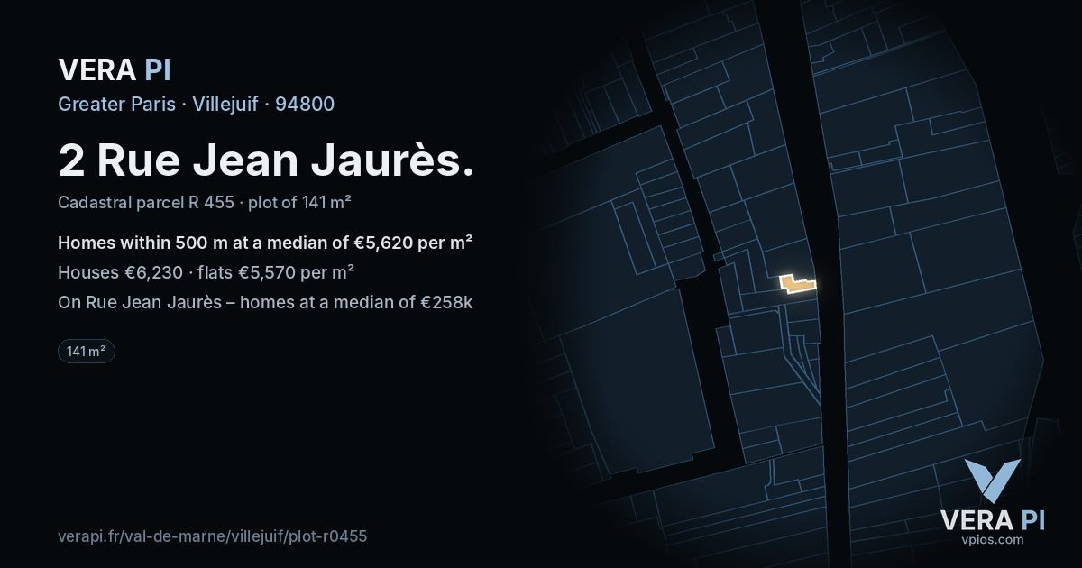 2 Rue Jean Jaurès, Villejuif at night – the plot lit, the parcels around coloured by the prices near them