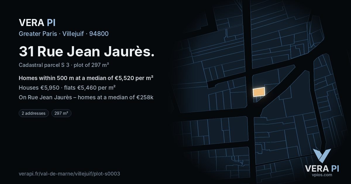 31 Rue Jean Jaurès, Villejuif at night – the plot lit, the parcels around coloured by the prices near them